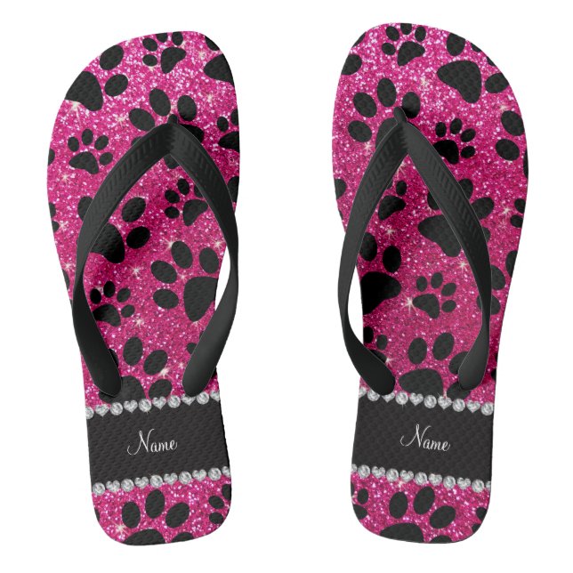 Custom name neon hot pink glitter black dog paws thongs (Footbed)