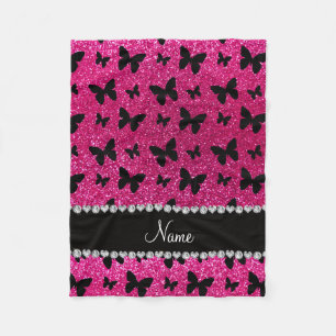 Custom name neon hot pink glitter butterflies fleece blanket