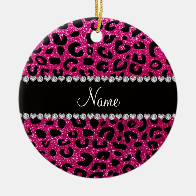 Custom name neon hot pink glitter cheetah print ceramic ornament (Front)
