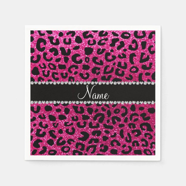 Custom name neon hot pink glitter cheetah print napkin (Front)