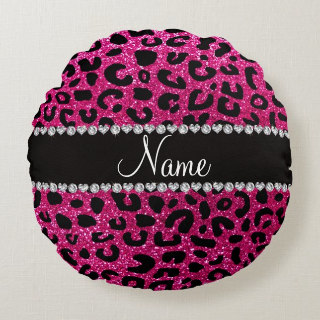 Custom name neon hot pink glitter cheetah print round cushion (Front)