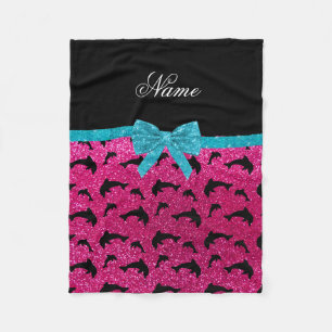 Custom name neon hot pink glitter dolphins bow fleece blanket