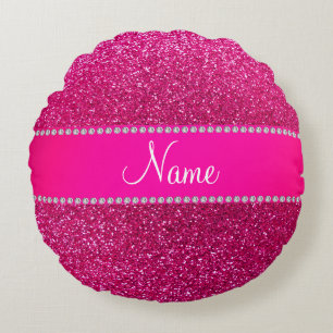 Custom name neon hot pink glitter hot pink stripe round cushion
