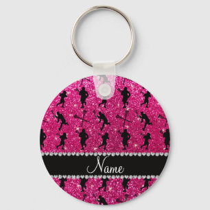 Custom name neon hot pink glitter lacrosse players key ring