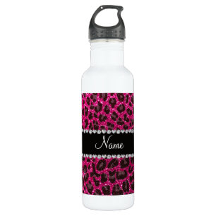Custom name neon hot pink glitter leopard print 710 ml water bottle
