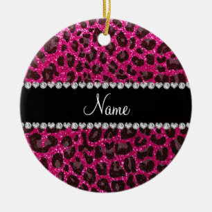 Custom name neon hot pink glitter leopard print ceramic tree decoration