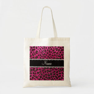 Custom name neon hot pink glitter leopard print tote bag
