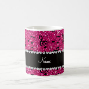 Custom name neon hot pink glitter music notes coffee mug