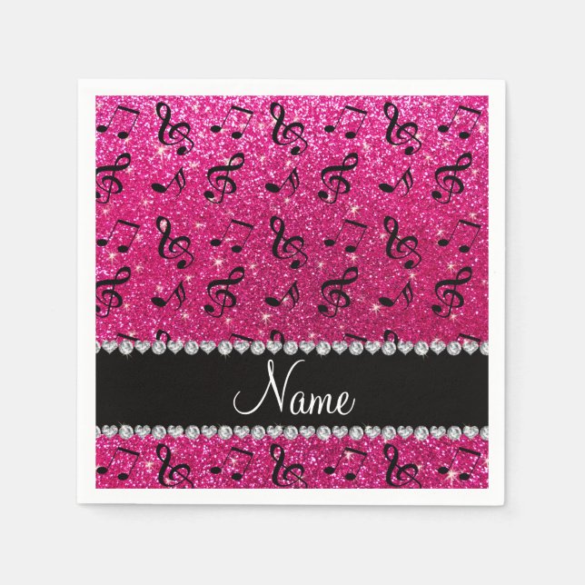 Custom name neon hot pink glitter music notes napkin (Front)