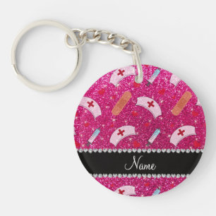 Custom name neon hot pink glitter nurse hats heart key ring