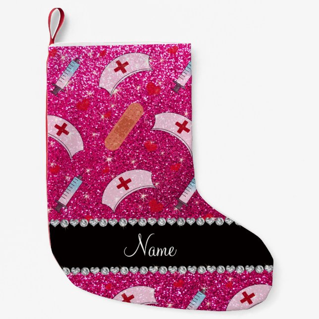 Custom name neon hot pink glitter nurse hats heart small christmas stocking (Front)