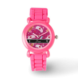 Custom name neon hot pink glitter nurse hats heart watch