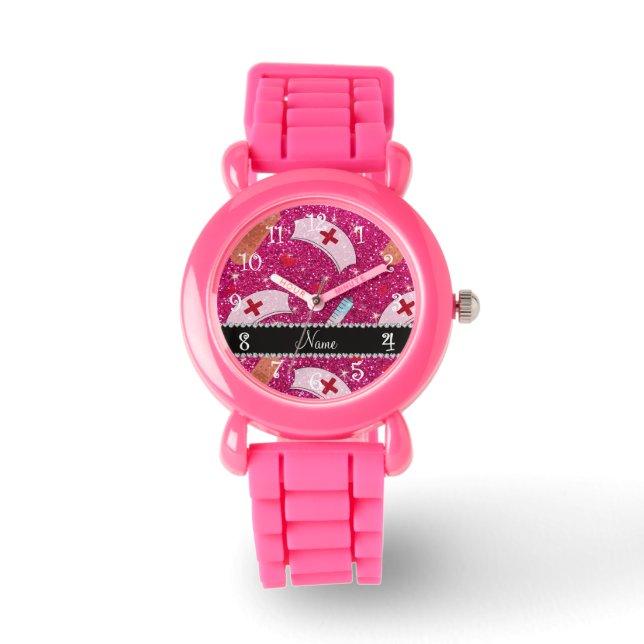 Custom name neon hot pink glitter nurse hats heart watch (Front)
