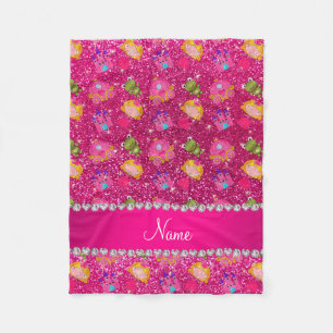 Custom name neon hot pink glitter princess frogs fleece blanket