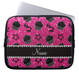 Custom name neon hot pink glitter stars cupcakes laptop sleeve
