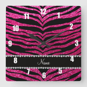 Custom name neon hot pink glitter tiger stripes square wall clock