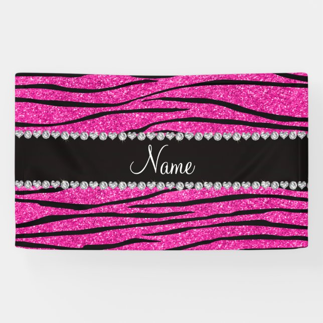 Custom name neon hot pink glitter zebra diamonds banner (Horizontal)