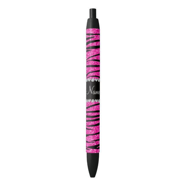 Custom name neon hot pink glitter zebra diamonds black ink pen (Front Vertical)