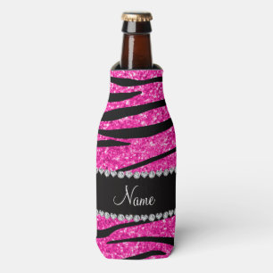 Custom name neon hot pink glitter zebra diamonds bottle cooler