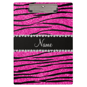 Custom name neon hot pink glitter zebra diamonds clipboard