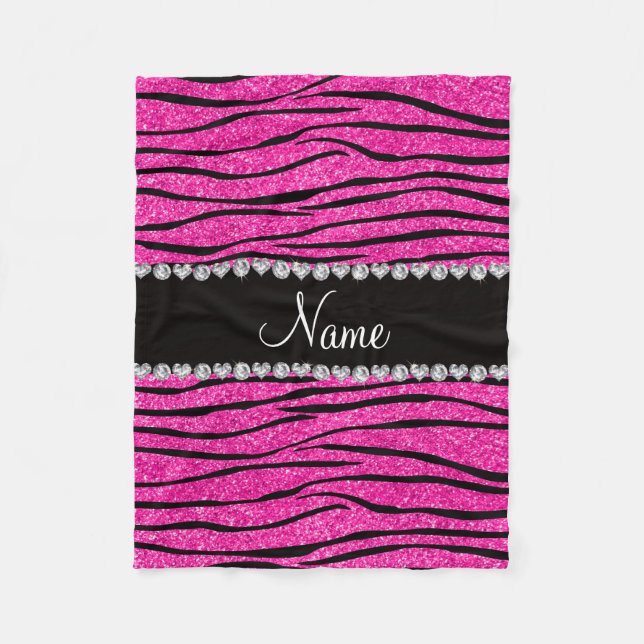 Custom name neon hot pink glitter zebra diamonds fleece blanket (Front)