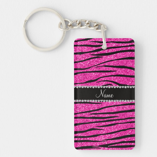 Custom name neon hot pink glitter zebra diamonds key ring (Front)