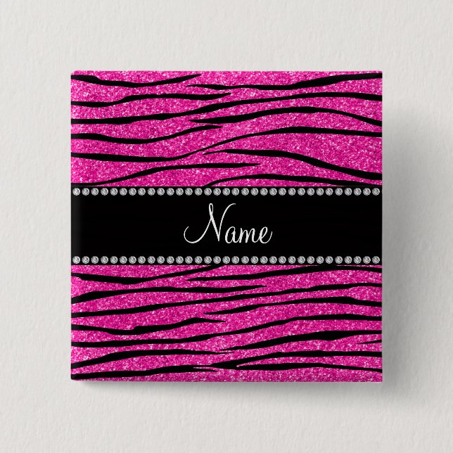 Custom name neon hot pink glitter zebra stripes 15 cm square badge (Front)