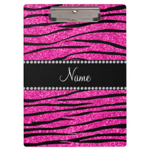 Custom name neon hot pink glitter zebra stripes clipboard