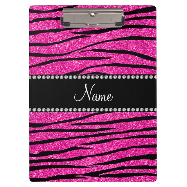 Custom name neon hot pink glitter zebra stripes clipboard (Front)
