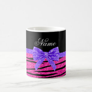 Custom name neon hot pink glitter zebra stripes coffee mug