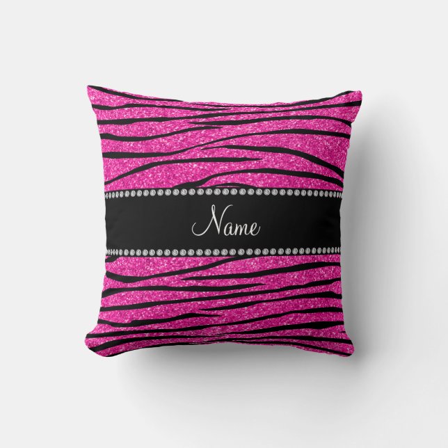 Custom name neon hot pink glitter zebra stripes cushion (Front)