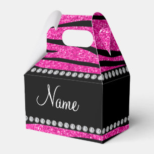 Custom name neon hot pink glitter zebra stripes favour box