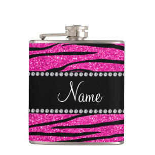 Custom name neon hot pink glitter zebra stripes hip flask