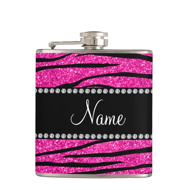 Custom name neon hot pink glitter zebra stripes hip flask (Front)