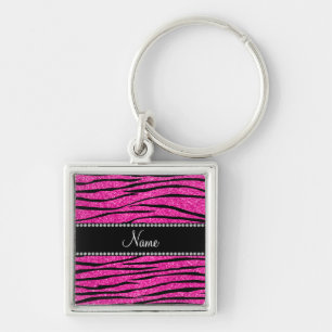 Custom name neon hot pink glitter zebra stripes key ring