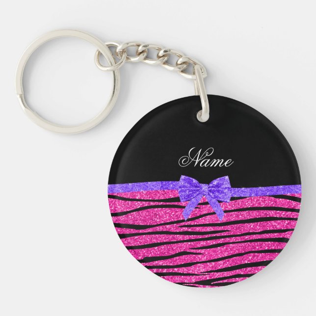Custom name neon hot pink glitter zebra stripes key ring (Front)