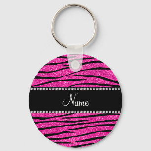 Custom name neon hot pink glitter zebra stripes key ring