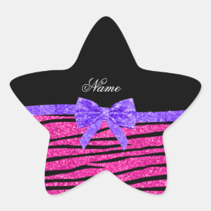 Custom name neon hot pink glitter zebra stripes star sticker