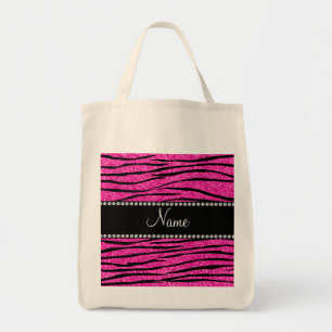 Custom name neon hot pink glitter zebra stripes tote bag