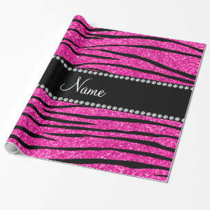 Custom name neon hot pink glitter zebra stripes wrapping paper