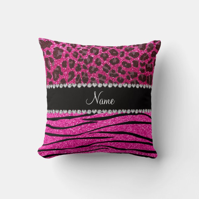 Custom name neon hot pink zebra stripes leopard cushion (Front)