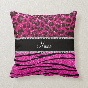 Custom name neon hot pink zebra stripes leopard cushion