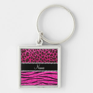 Custom name neon hot pink zebra stripes leopard key ring