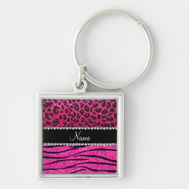 Custom name neon hot pink zebra stripes leopard key ring (Front)