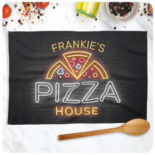 Custom NAME Neon Italian Pizzeria Pizza House Tea Towel