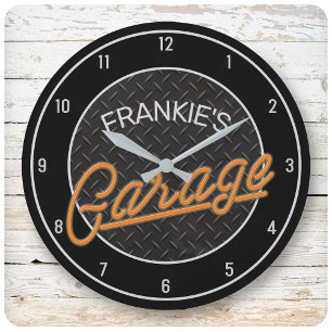 Custom NAME Neon Look Diamond Plate Garage Tools Large Clock