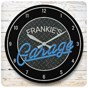 Custom NAME Neon Look Diamond Plate Garage Tools Large Clock