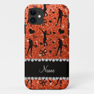 Custom name neon orange glitter tennis hearts bows iPhone 11 case