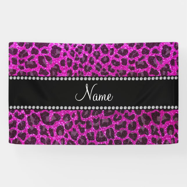 Custom name neon pink glitter leopard print banner (Horizontal)