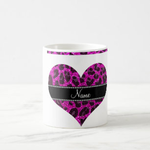 Custom name neon pink glitter leopard print coffee mug